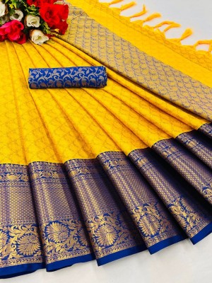 RASVRITI Woven Kanjivaram Art Silk, Cotton Silk Saree(Yellow)