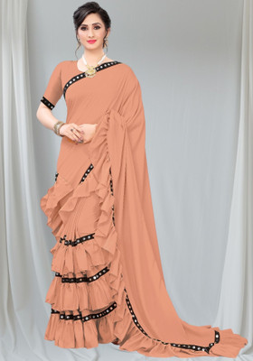 mahibhag Solid/Plain, Embroidered Bollywood Lycra Blend Saree(Cream)