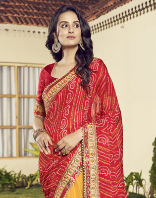 Divastri Embroidered, Embellished, Printed Bandhani Chiffon Saree(Red, Yellow, Multicolor)