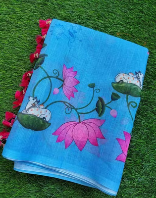 Vraggi Floral Print Bollywood Linen Saree(Light Blue)
