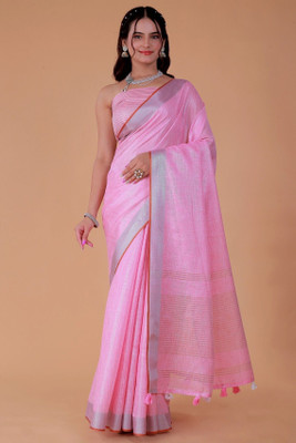 NEGRONI Solid/Plain Daily Wear Linen Saree(Pink)