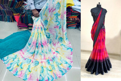 Sanjana Silk Printed Bollywood Georgette Saree(Pack of 2, Blue)