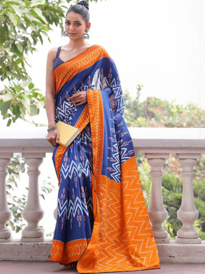 Moda Rapido Printed Daily Wear Pure Cotton Saree(Blue)