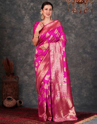 Samah Self Design, Woven, Embellished Banarasi Silk Blend, Jacquard Saree(Magenta)