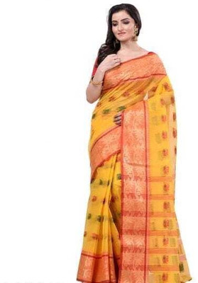Sthaker Self Design Tant Pure Cotton Saree(Yellow)
