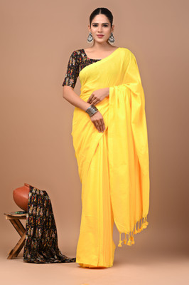 Dreamwrap Solid/Plain Handloom Khadi Saree(Yellow)