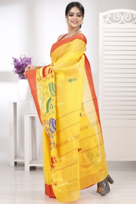 PuJoy Embroidered, Woven Tant Pure Cotton Saree(Yellow, Red)
