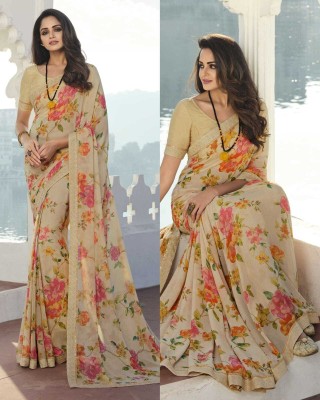 MEETVIN COUTURE Printed, Digital Print, Hand Painted, Graphic Print, Floral Print, Self Design Bollywood Georgette, Chiffon Saree(Cream)