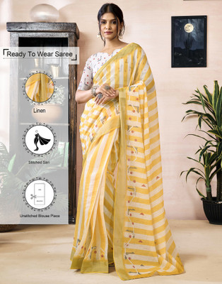 Samah Geometric Print, Printed, Embellished Daily Wear Linen Saree(Yellow)