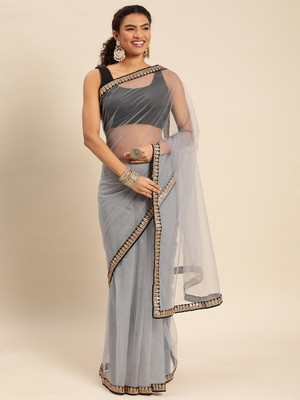 KASEE Solid/Plain Bollywood Net Saree(Grey)