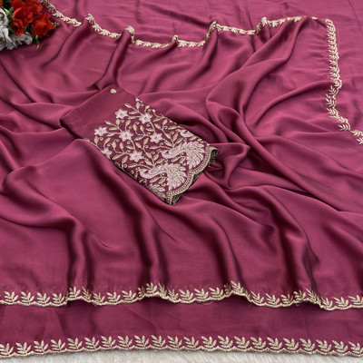 K 5 FASHION Embroidered, Solid/Plain Bollywood Chiffon Saree(Pink)
