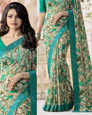 DIKONA DESIGNER Printed, Self Design, Digital Print, Embroidered, Floral Print, Solid/Plain Bollywood Georgette, Chiffon Saree(White)