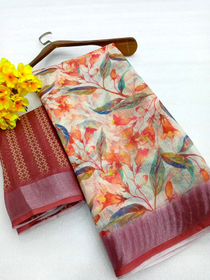 VISHNU Printed Kanjivaram Linen, Cotton Linen Saree(Multicolor)