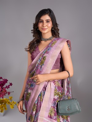 mulmul Floral Print, Self Design Bollywood Cotton Blend, Cotton Linen Saree(Brown)