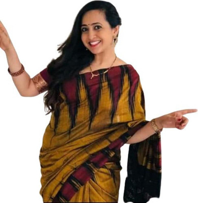 QUETZAL HANDLOOM SAREE Printed Sambalpuri Pure Cotton Saree(Gold)