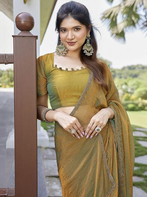 Online Bazaaar Embellished, Embroidered Bollywood Chiffon, Pure Silk Saree(Gold)
