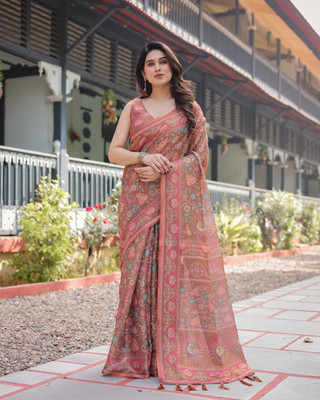 ALMAARI FASHION Hand Painted Bollywood Cotton Linen Saree(Maroon)