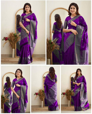 VK Enterprise Woven, Self Design Banarasi Silk Blend Saree(Purple)