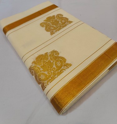 Kjs Embellished Kasavu Pure Cotton Saree(Beige)