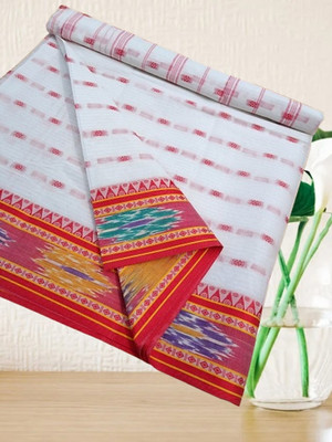 Happy Creation Woven Tant Cotton Blend Saree(White)