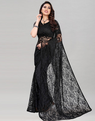 Dwellific Self Design Bollywood Net, Brasso Saree(Black)
