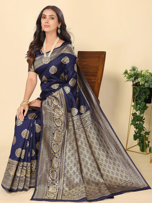 Leeza Store Self Design, Woven, Solid/Plain Banarasi Silk Blend, Cotton Blend Saree(Dark Blue)