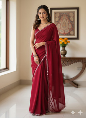 LA LILY Embellished, Solid/Plain, Self Design Bollywood Georgette Saree(Maroon)