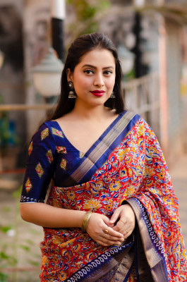 Dhanlaxmi CreationLLP Digital Print Bollywood Cotton Silk Saree(Red, Dark Blue)
