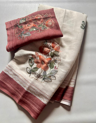 Tanishika creation Printed Bollywood Cotton Linen Saree(Maroon, White)