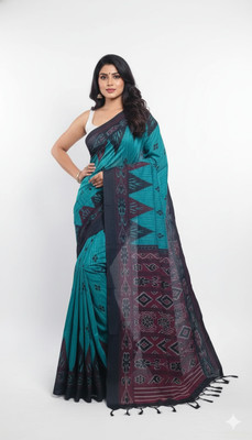 Padma Self Design, Printed Sambalpuri Pure Cotton Saree(Light Blue)