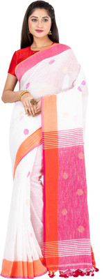 SAYAN CREATION Self Design Handloom Pure Cotton Saree(White)