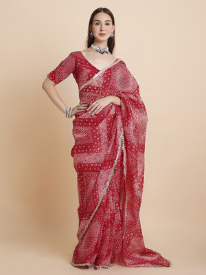 RATAN Printed Bandhani Chiffon Saree(Red)