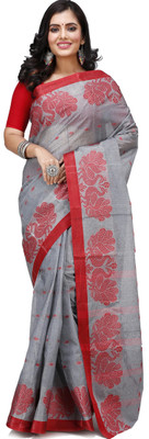 NihaRika Collections Printed Tant Pure Cotton Saree(Grey)