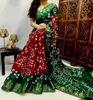 rajranitextiles Printed Bandhani Georgette Saree(Red, Green)