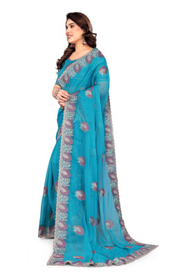 SHUBHDRASHTI NX Embroidered Bollywood Silk Blend Saree(Light Blue)