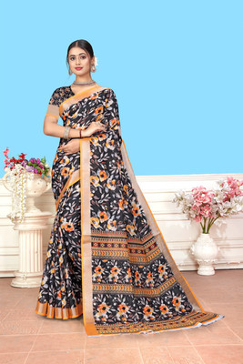HENVI ENTERPRISE Printed, Woven Bollywood Cotton Linen Saree(Multicolor)