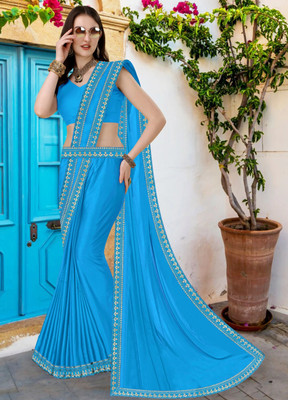 FabDaisy Printed Banarasi Lycra Blend Saree(Light Blue)