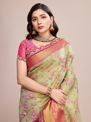 SICHYAH Printed Banarasi Pure Silk Saree(Light Green)