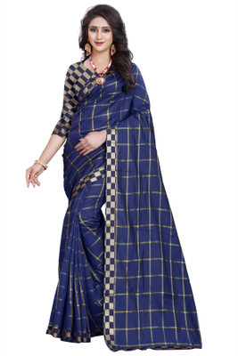 JS Clothing Mart Checkered Kanjivaram Cotton Silk Saree(Dark Blue)