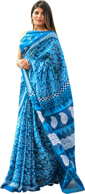 hastshilpi Printed, Color Block, Blocked Printed, Floral Print, Dyed Daily Wear Pure Cotton Saree(Blue)