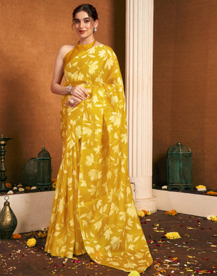 Satrani Printed Daily Wear Chiffon Saree(Yellow, White)