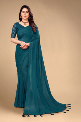 V AMAN FASHION Solid/Plain Bollywood Georgette Saree(Dark Blue)
