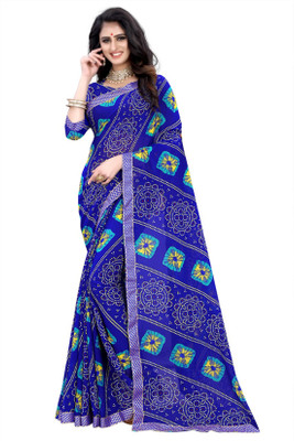Kanooda Prints Printed Bandhani Georgette Saree(Blue)