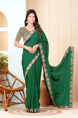 EMV Solid/Plain, Embellished Bollywood Chiffon Saree(Green)
