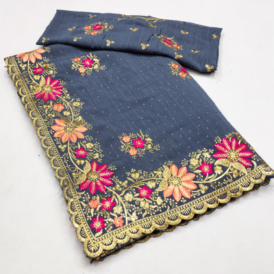KHRITI FAB Embroidered, Floral Print Bollywood Georgette Saree(Grey)