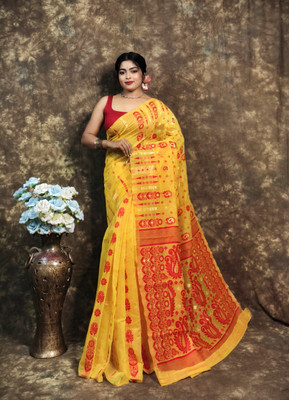 GulabiSaheba Self Design Jamdani Cotton Silk Saree(Yellow, Red)
