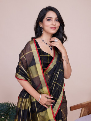 SUDIPTA Woven Kota Doria Cotton Silk Saree(Black)