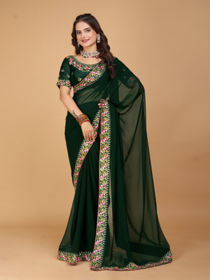 Crystallfashion Self Design Bollywood Georgette Saree(Green)