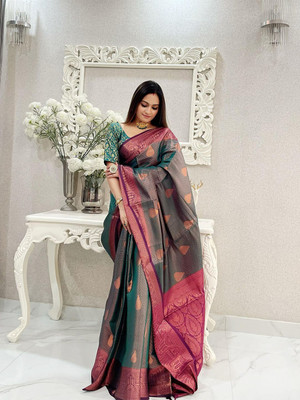 ANOUK Woven Chanderi Silk Blend Saree(Green)