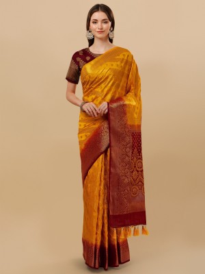 COSBILA FASHION Self Design Banarasi Cotton Silk Saree(Maroon, Yellow)